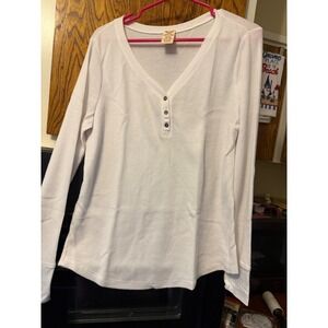 Faded Glory Womens XL White Waffle Knit Thermal Henley Long Sleeve Top Shirt
